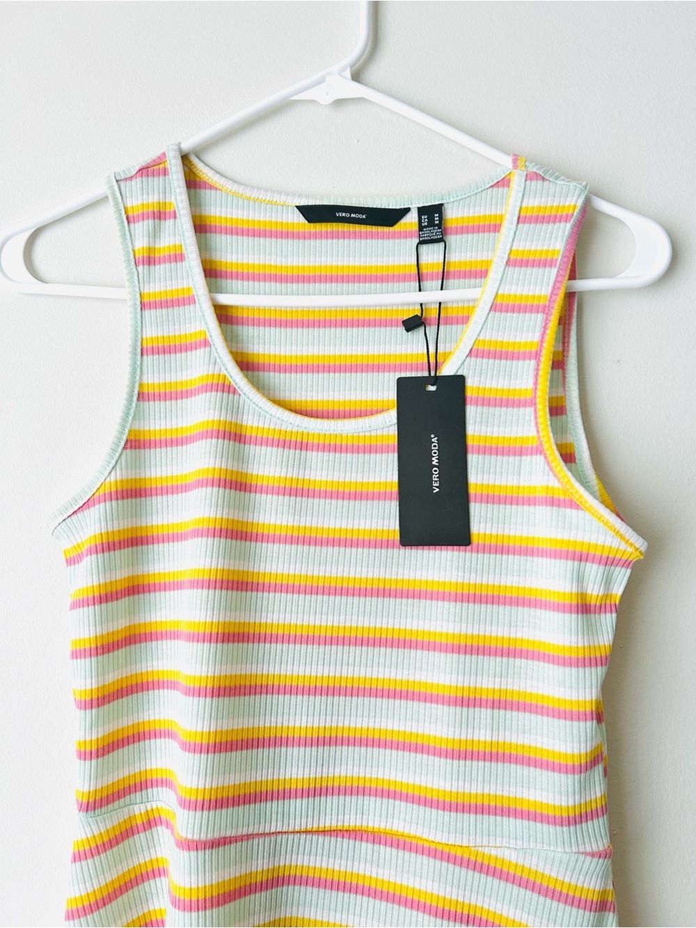 Vero Moda Ribbed Stripe Tank Dress in White, Yellow & Pink - Picture 3 of 7